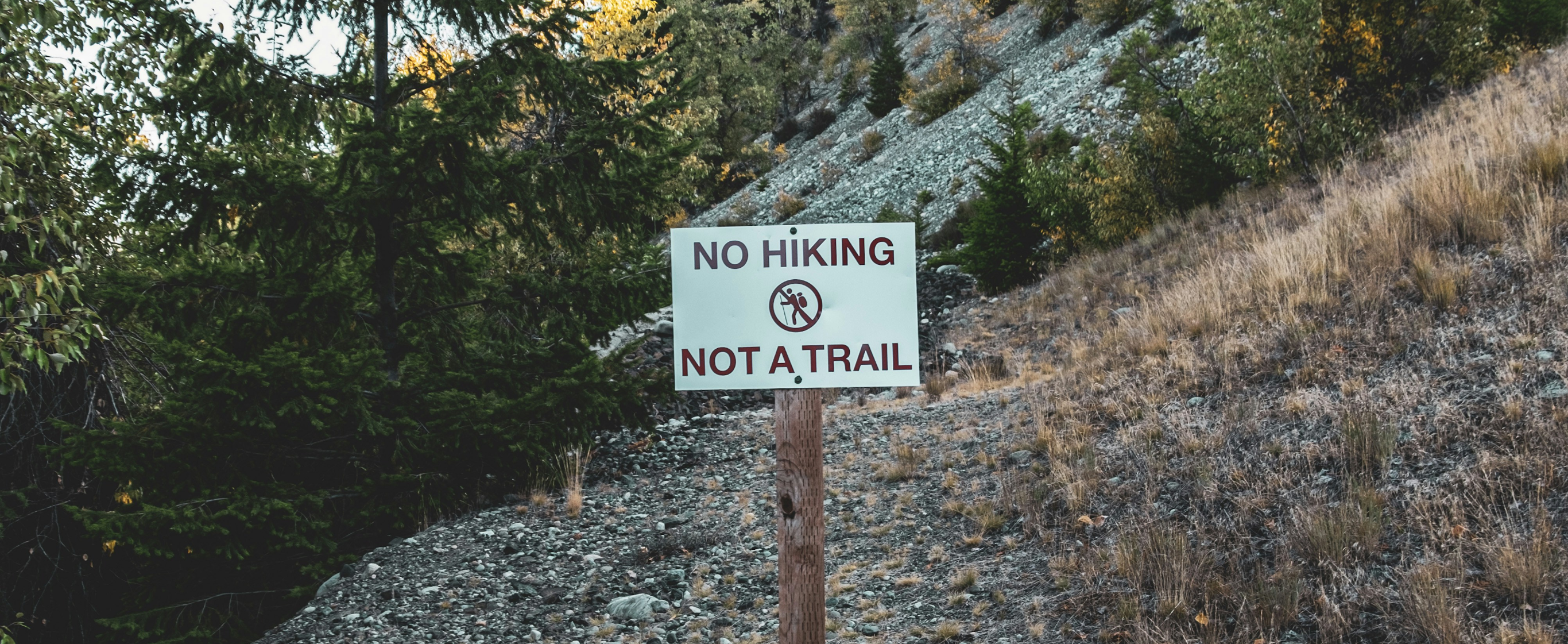 No hiking, not a trail sign on a rocky slope