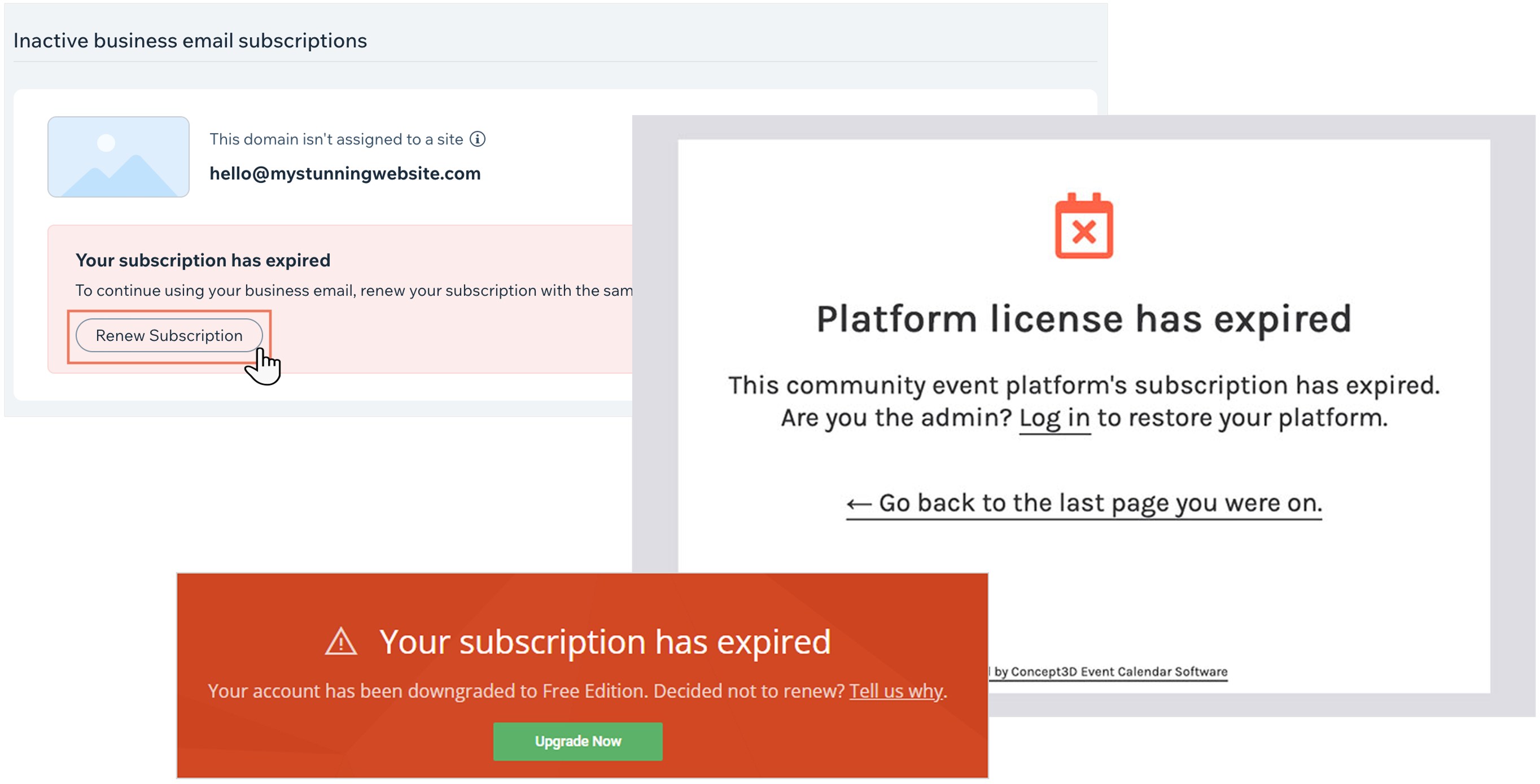 Examples of inactive business email subscriptions and expired platform licenses