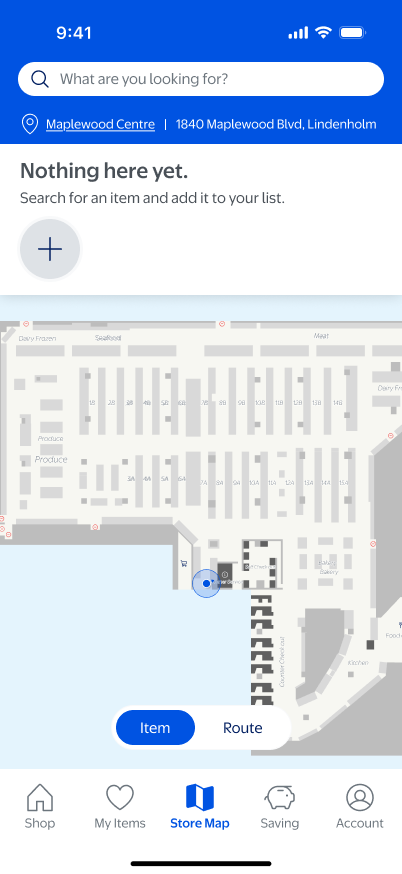 Empty shopping list on the Grocery Nav map
