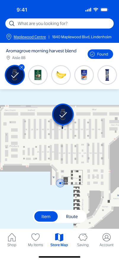 Found product state shown on the Grocery Nav map