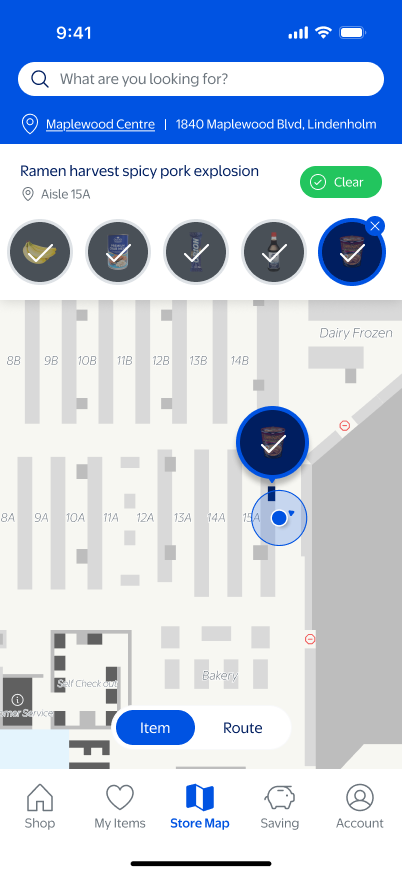 Completed shopping list on the Grocery Nav map