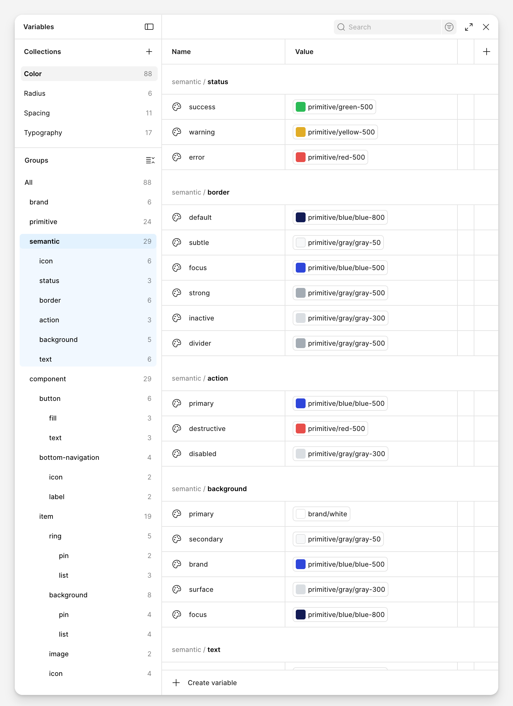 Semantic tokens linked to their primitive values in Figma