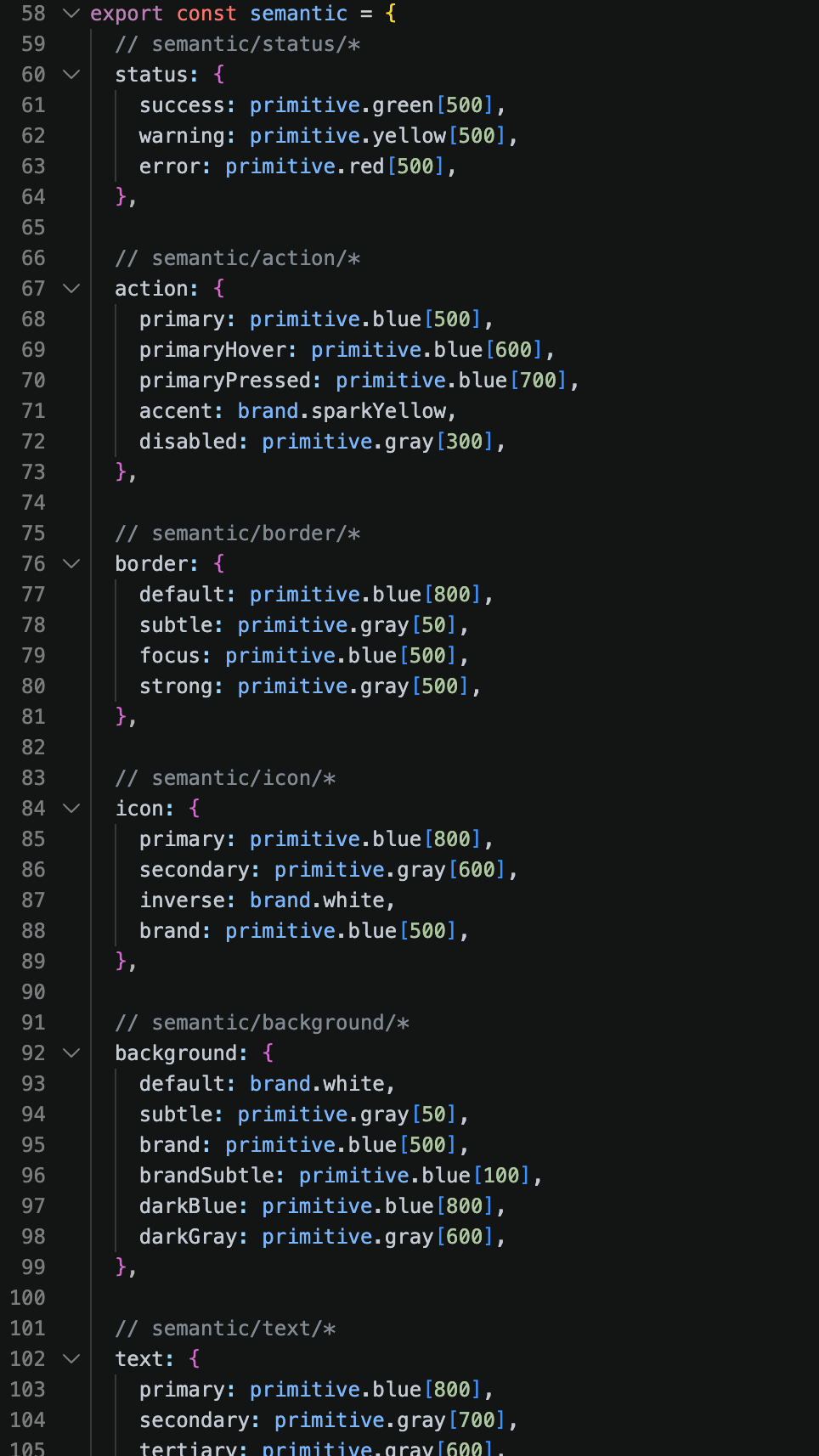 The same semantic names used in React tokens